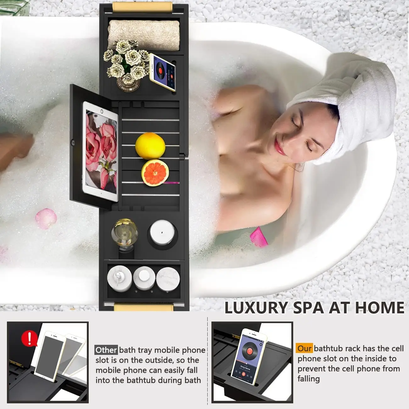 Bathtub Tray Bath Caddy Trays for Tub - Expandable Board and Book Stand Bamboo Bathtub Caddy Trays