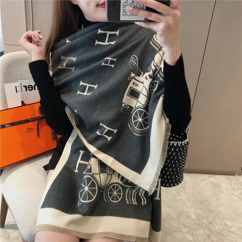 Large Warm Cashmere Winter Scarf Shawl High Quality Korea Jacquard Letter Carriage Gorgeous Scarf For Ladies