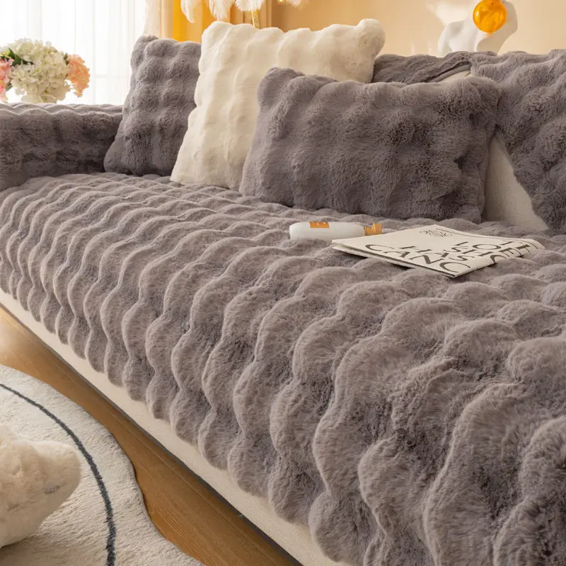 Wholesale Rabbit Plush Non-slip Solid Sofa Cover Furniture Protector L Shaped Seat Covers for Sofas