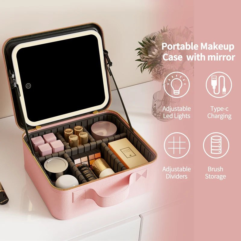 Wholesale Custom Logo Pink Vanity Pu Leather Box Make Up Organizer Travel Makeup Bag Case With Led Light Mirror