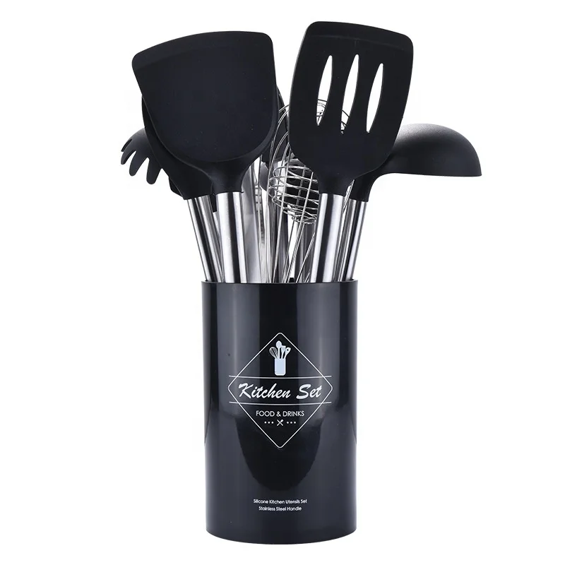 
8pcs Silicone Cooking Kitchen Set, Stainless Steel Handles Cooking Tool BPA Free Non Toxic Silicone Turner Tongs Spatula 