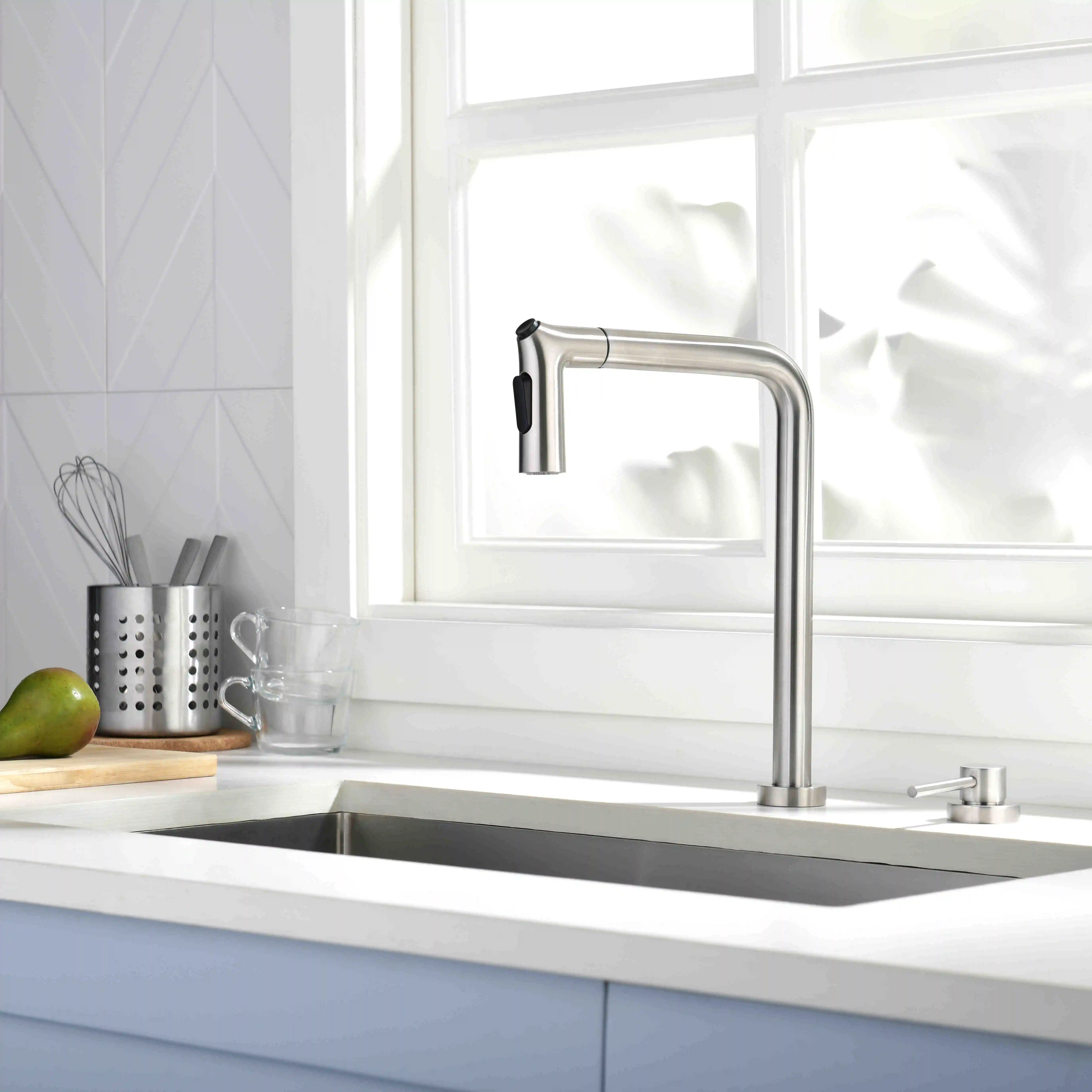 Hot Sale Stainless Steel 2 Holes Sink Long Neck Taps Commercial Nickel 360 Degree Swivel Spout Pull Out Kitchen Sink Faucet