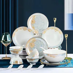 Europe High End Durable Tableware Elegant Flower Pattern Bowl Dish Plates Ceramic Dinnerware Set for 4 6 10 People