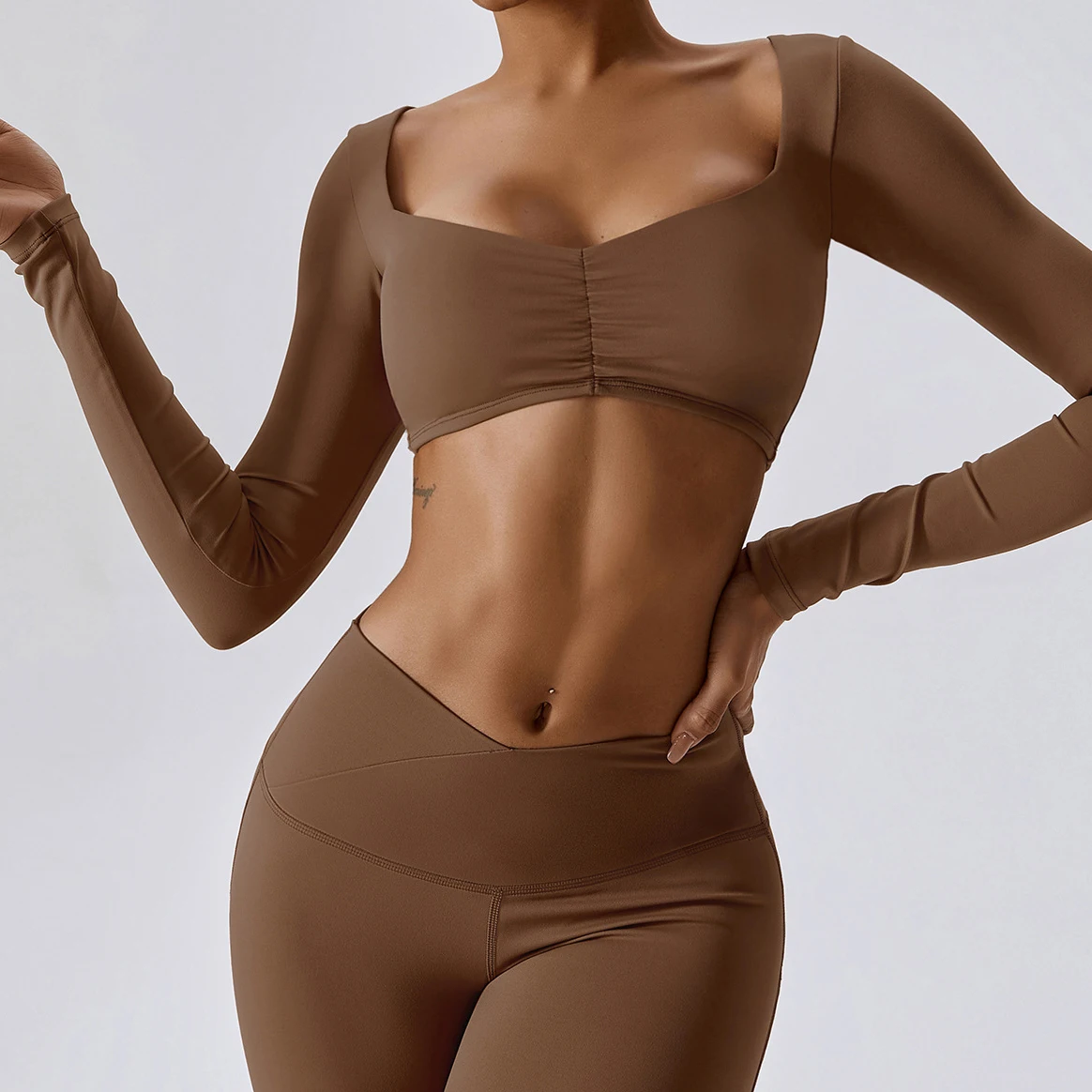 Long Sleeves Naked Feeling Comfortable Gym Tops Girls Slim Quick Dry Sweat-wicking Sports T-shirts Tank Top With Built In Bra