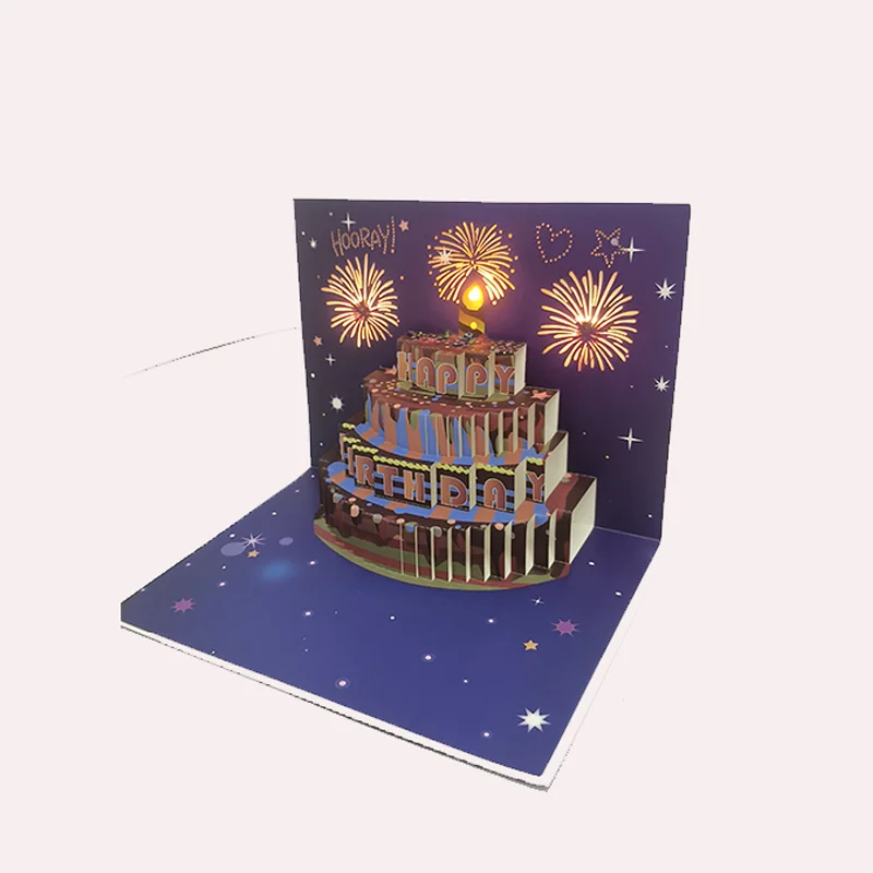 New arrival Lights and music 3D pop-up firework cake birthday card Creative handmade happy birthday card blessing gift