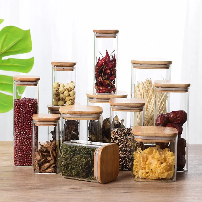 Square Airtight Kitchen Organizer Transparent Glass Food Storage Jars With Bamboo Lids