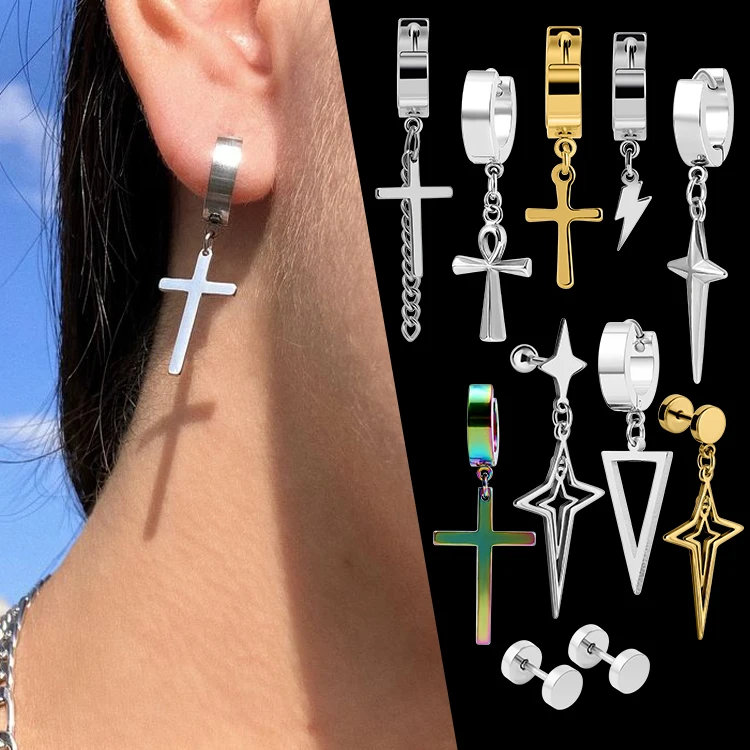 European Hot Selling Hip Hop Jewelry Wholesale Stainless Steel Gold Plated Hollow Cross Star Cross Stud Earrings Dangle Earrings