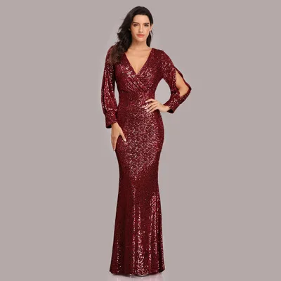  2021Women Elegant Sequins Bridesmaid Dresses Long Sleeve Mermaid Evening