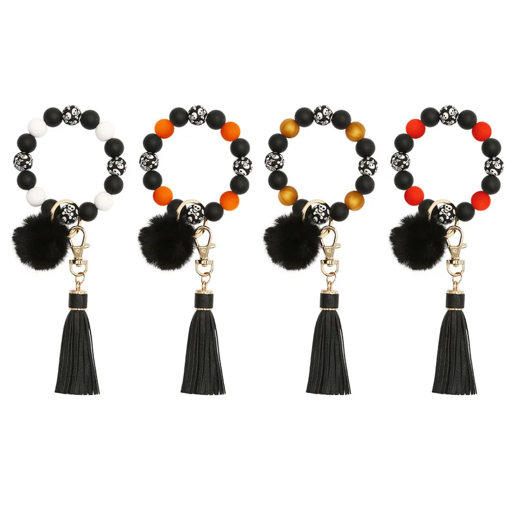 Halloween Bracelet Keyring Skeleton Pattern Silicone Bead Leather Tassel Keychain Fashion Women Bangle Keychain With Pom Pom