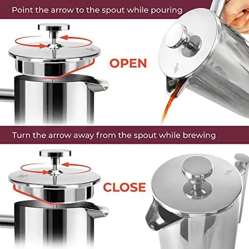 French Press Coffee Maker 304 Grade Stainless Steel Insulated Coffee Press with Silver