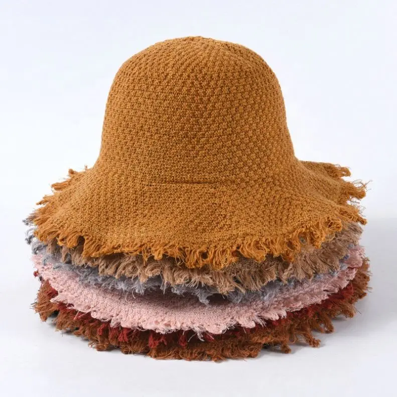 Korea Style Autumn New Jacquard Knitted Women Lady Dress Fisherman Cap Buckets Hats with Frayed Tassels Brim