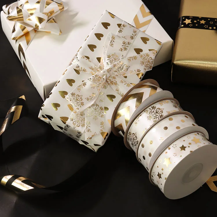 High Quality Custom 19mm 25mm Metallic Gold Foil Printed White Black Satin Ribbon Luxury Design Gift Package Roll