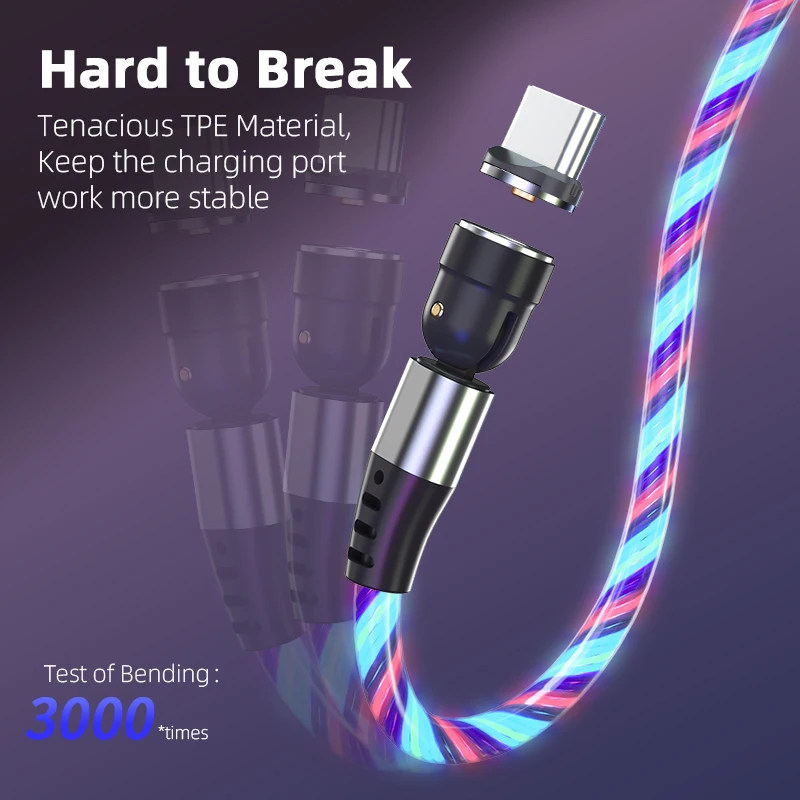 Luminous magnetic fast charging usb cable 540 degree led flowing 2.4A mobile phone fast charging 3 in 1 micro USB C cable 1M 2M