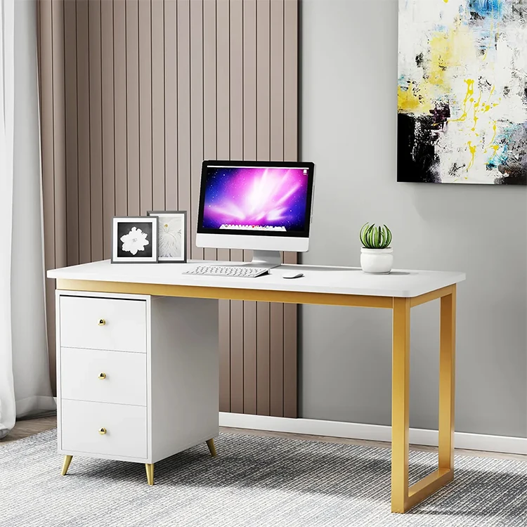Home Office luxury White Writing Desk Computer Desk with 3 Drawers & Side Cabinet in Gold stainless steel