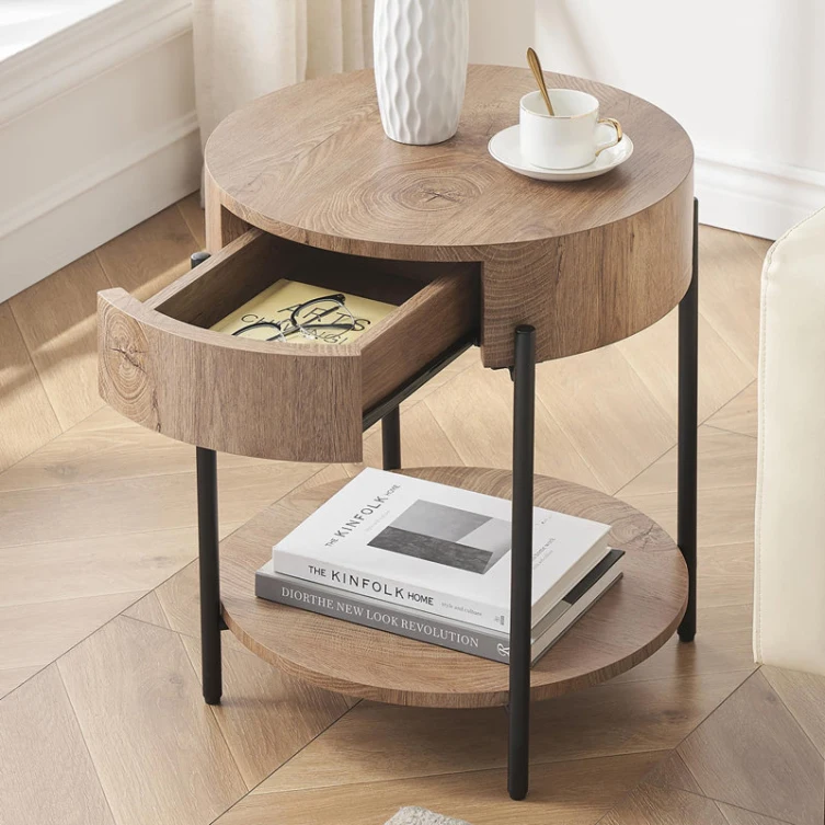 nordic modern metal wood bed round oak sofa side table for living room with drawer