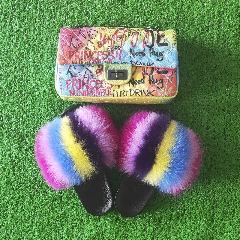 
Graffiti Handbags Jelly Purse Bags and Multicolor Real Fox Fur Slippers Slides Set 