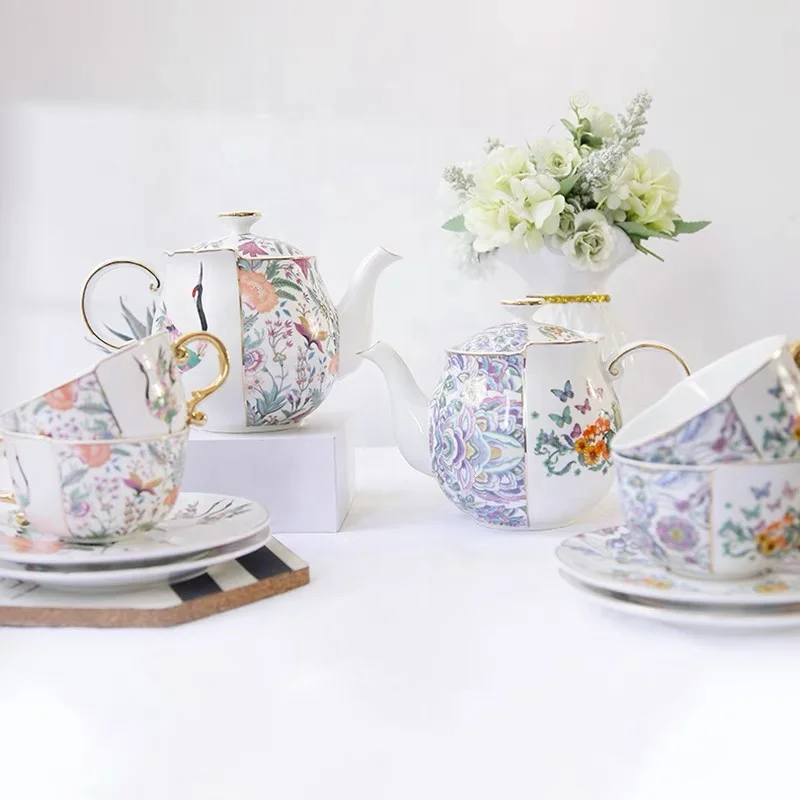 Unique Irregular Coffee & Tea Sets Ceramic Kettle Afternoon Tea Cup Gift Box Set of 2 Cups and Saucer With Teapot