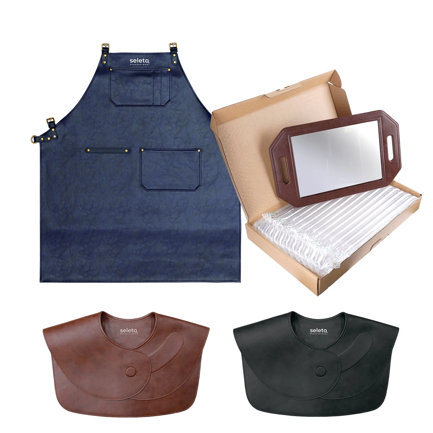 2021 HOT Wholesale Double Handheld Beauty Hairdressing Salon Barber Mirror With Pu Leather Apron Shop Mirrors Barber