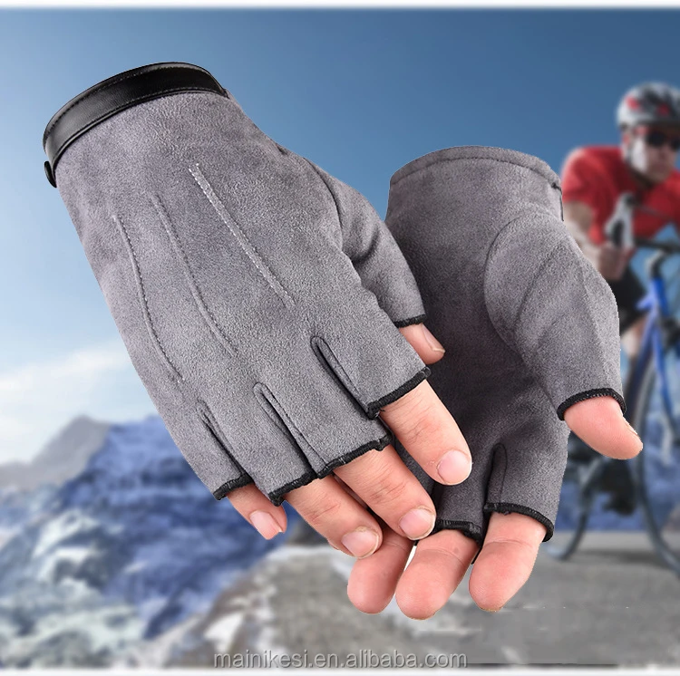 Suede half-finger thermal gloves for men winter writing students thickened with fleece driving gloves