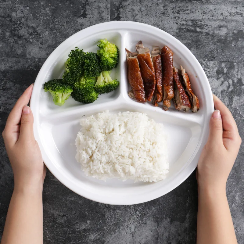 Round Plastic Melamine Fast Food Compartments Divided Lunch Cutlery Tray Plate for Canteen Restaurant