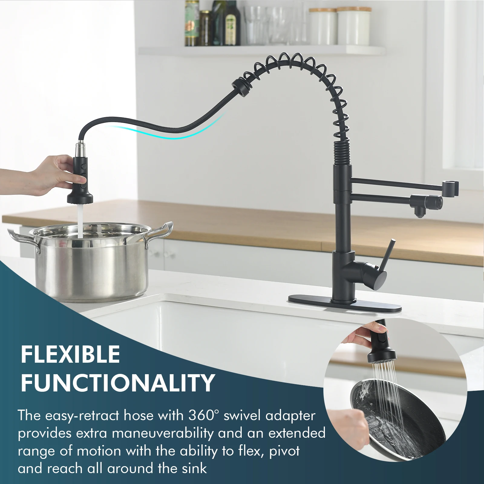 Hot and Cold Water Black Kitchen Sink Mixer Tap Faucet Pull Down Sprayer 3 Way Spring Kitchen Faucet with Purified Water Filter