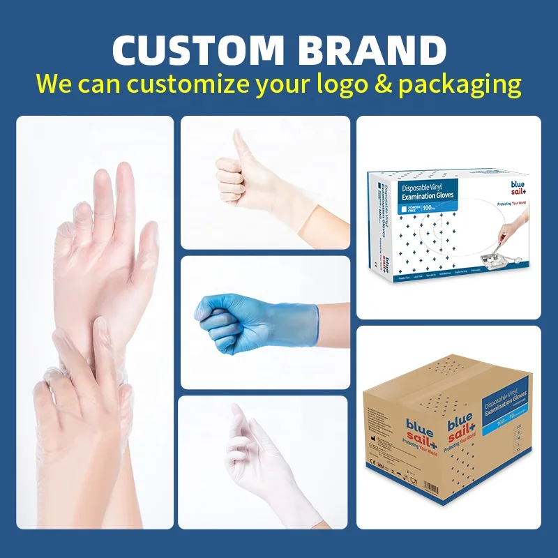 PVC powder Free Disposable Custom Brand Vinyl Gloves For Food Service Waterproof Clear Safety Household Gloves For Examination