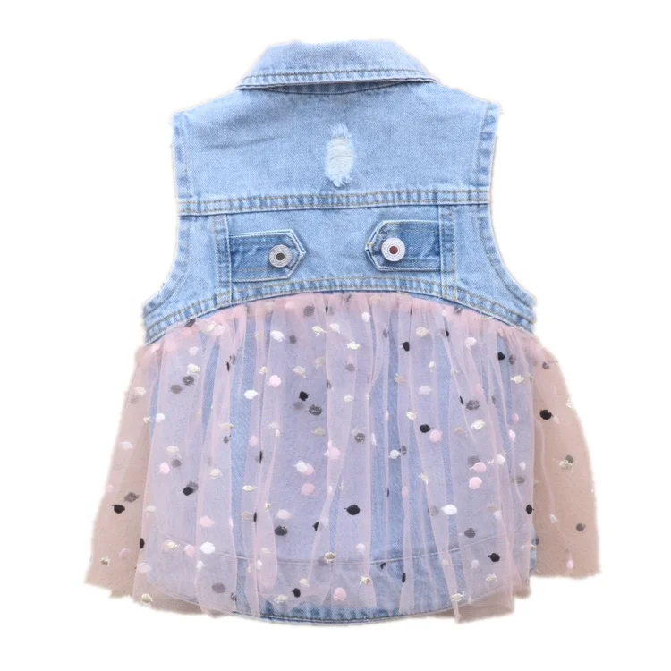 Custom children clothing kid sleeveless denim flocking tulle  girls vest