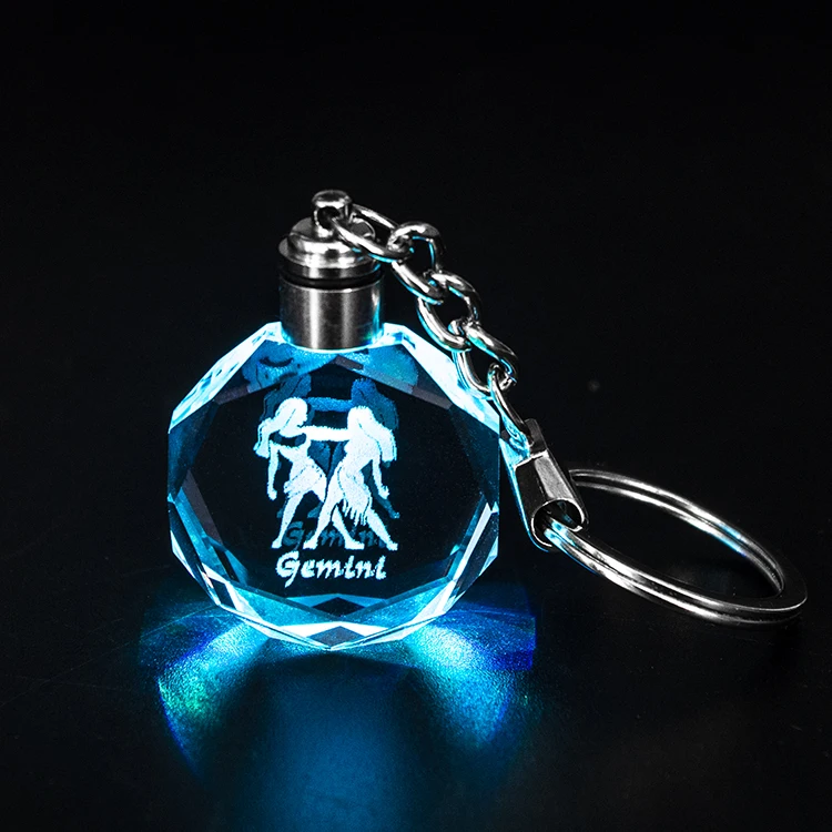 Cheap wholesale 12 zodiac Gemini crystal keychain led light healing crystal keychain for Souvenir Gift