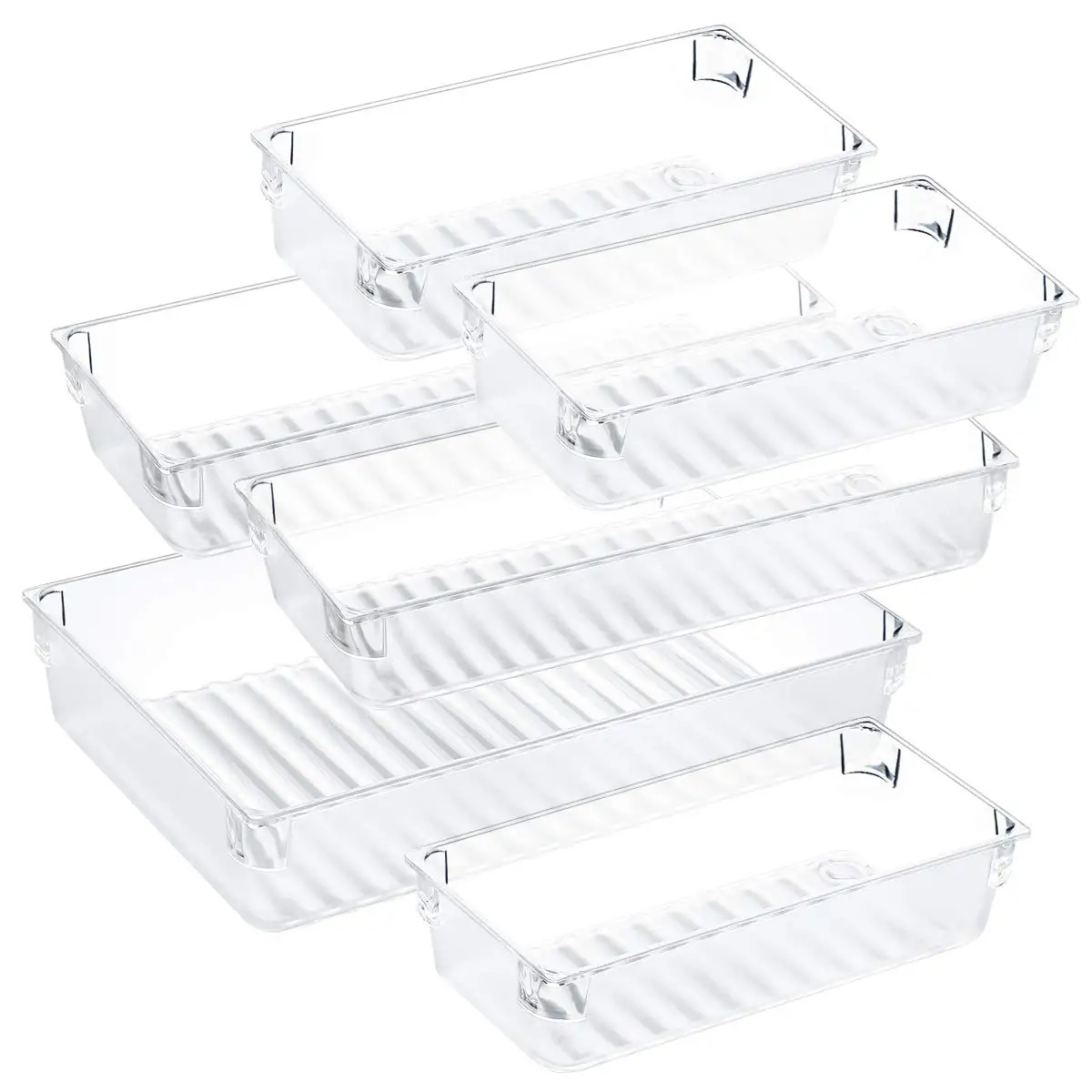 Hot Sale 6 Pieces Set Clear Stackable Plastic Vanity Cabinet Drawer Storage Tray  Acrylic Desk Drawer Bin Organizers