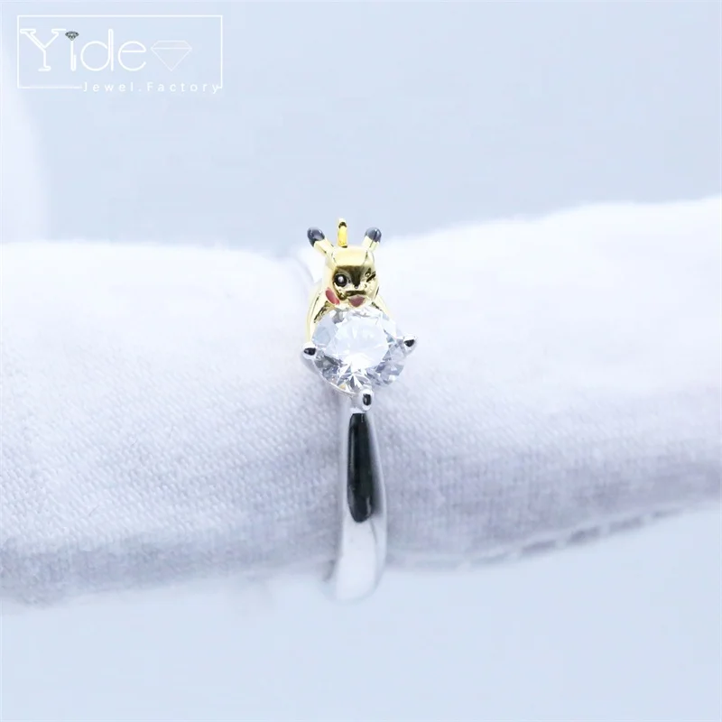 High quality large stone silver ring custom made logo design enamel pikachu wedding ring wholesale