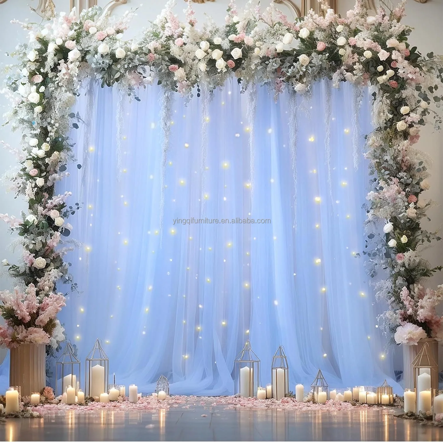 Romantic curtain light window gauze curtain with led string light for wedding party or home decorations