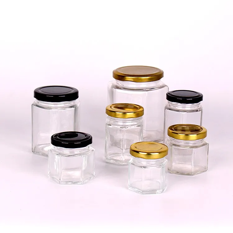 50ml 80ml 100ml 200ml 380ml 730ml hexagon glass honey jar cheap jam jars with metal lids