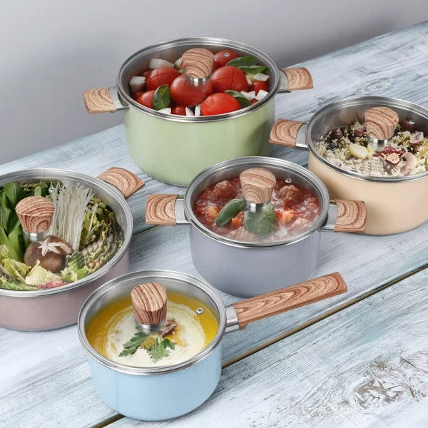 Korea Style Custom Colored Double Wooden Texture Handle Glass Lid Stainless Steel Sauce Pan Stock Soup Casserole Cooking Pot Set