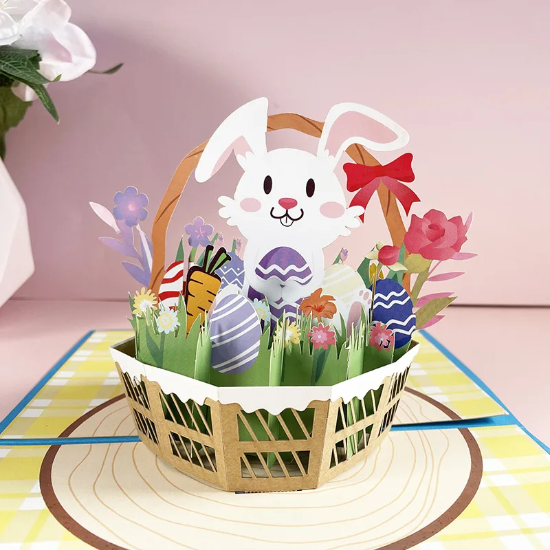 Hot Sale Personalize Creative Rabbit Colorful Eggs Easter 3d Pop Up Greeting Card