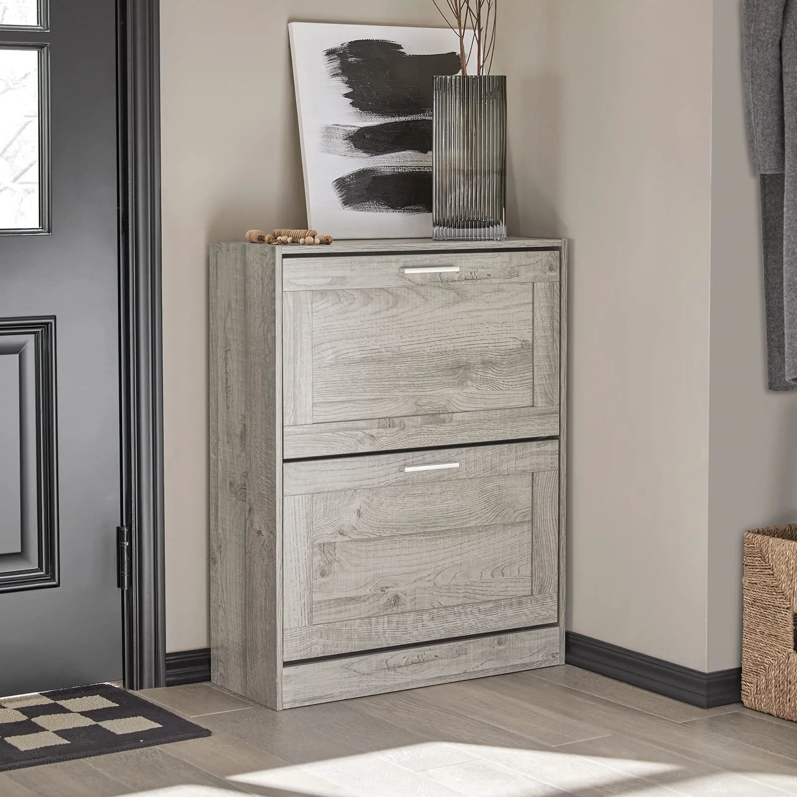 Shoe Storage Cabinet for Entryway, Narrow Shoe Cabinet with 2 Flip Drawers, Modern Freestanding Shoe Organizer Rack