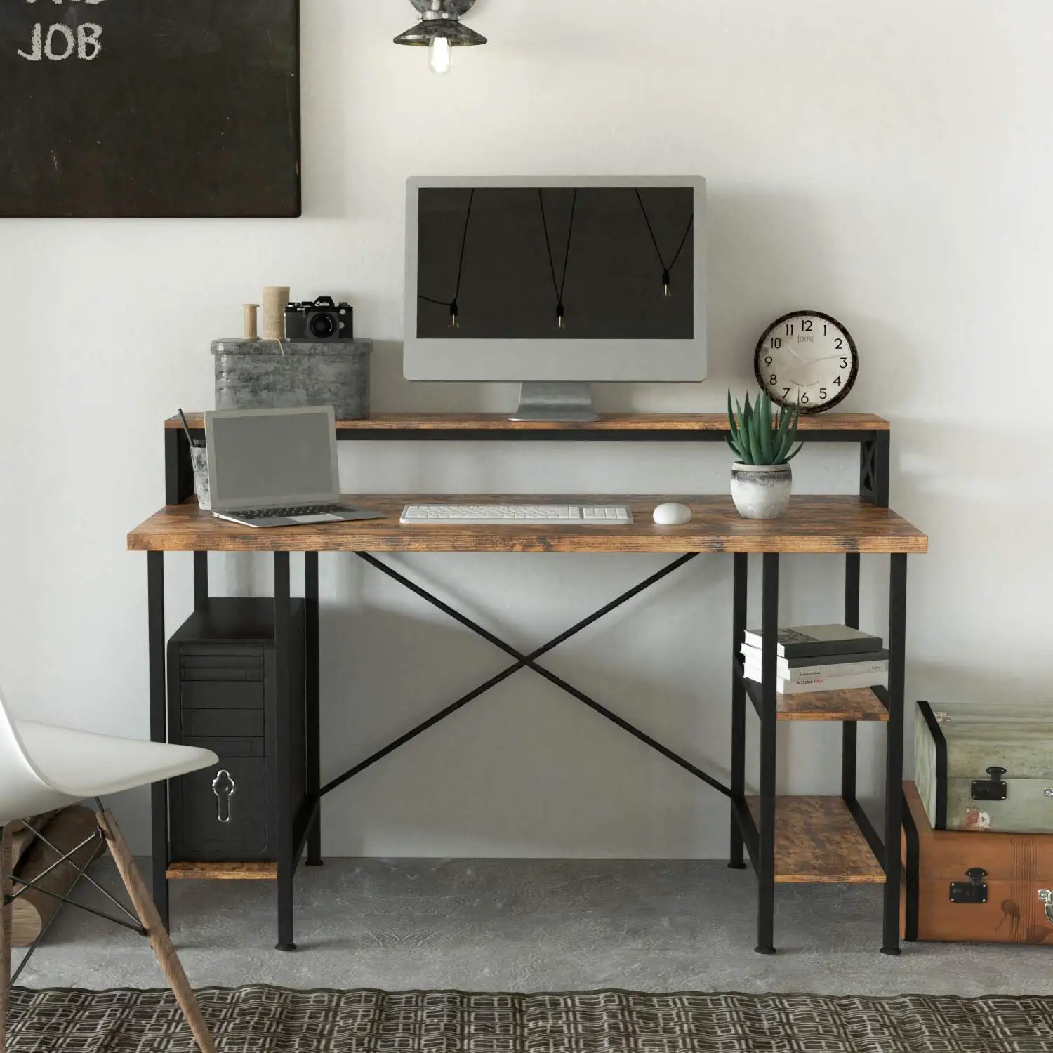 Industrial Office Computer Desk with Printer Monitor Storage  Shelf  CPU Stand Studying Writing Table for Home Office