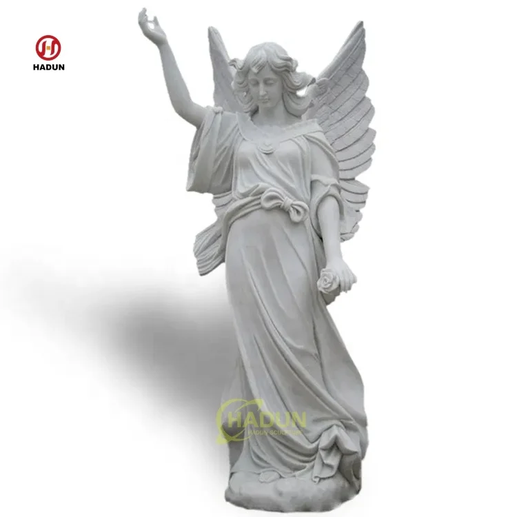 Large Outdoor Garden Hand Carved Natural Stone Wings Sculpture White Marble Angel Statue