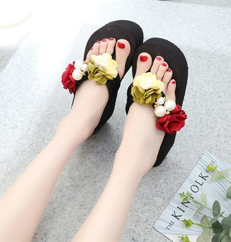eva beach fashion summer platform black 6CM flip flops wedge heel floral diamond chunky ladies sandal sole wedge shoes