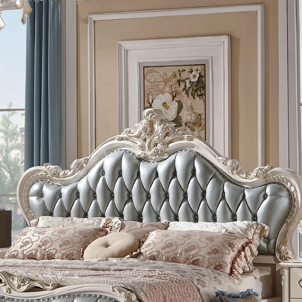 French Royal Style Bedroom Furniture Double Bed Luxury White Wood Carving Frame King Size Leather Bed