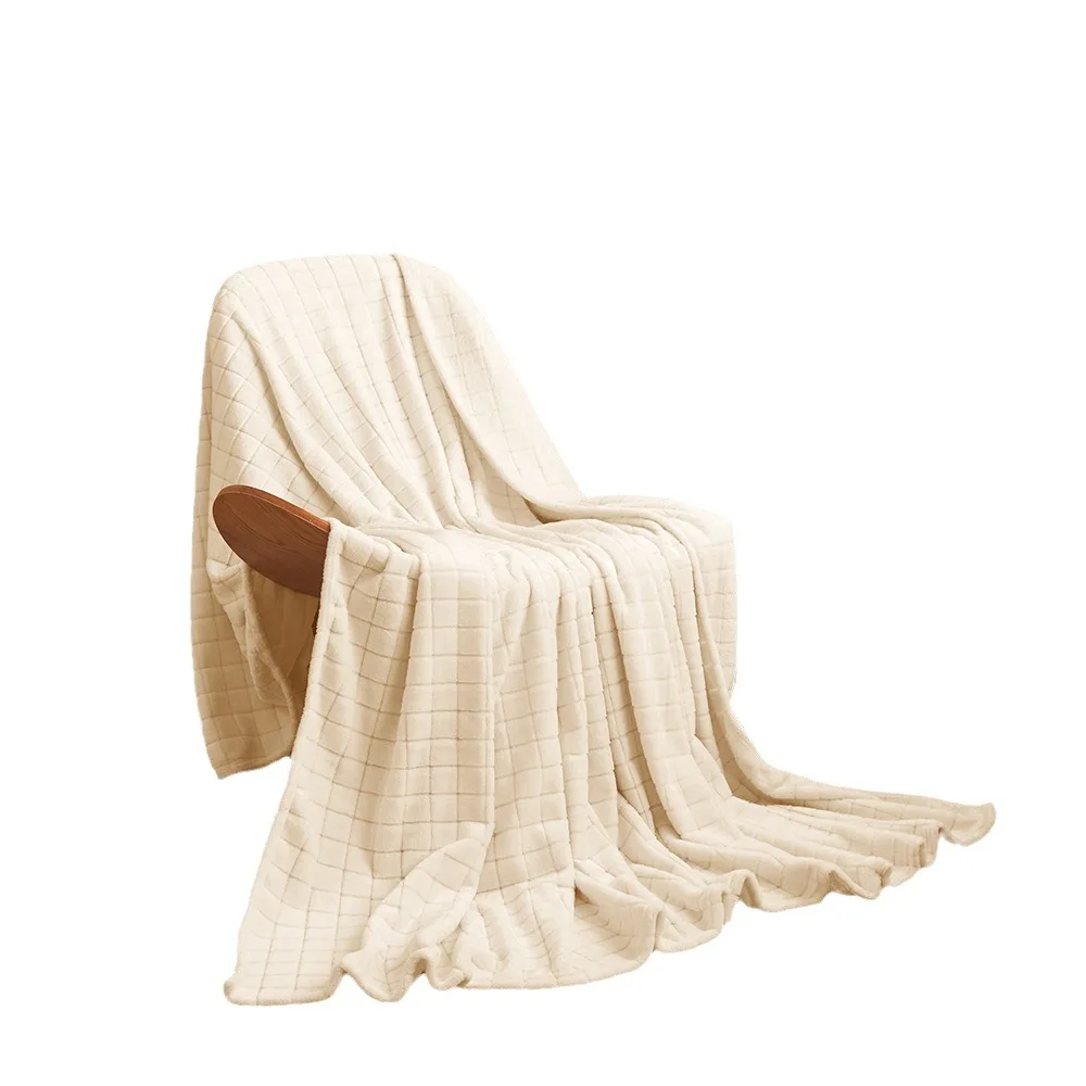 New Innovation In Stock Beige Gray Thickened Jacquard Gift Coral Plaid Flannel Fleece Throw Blanket