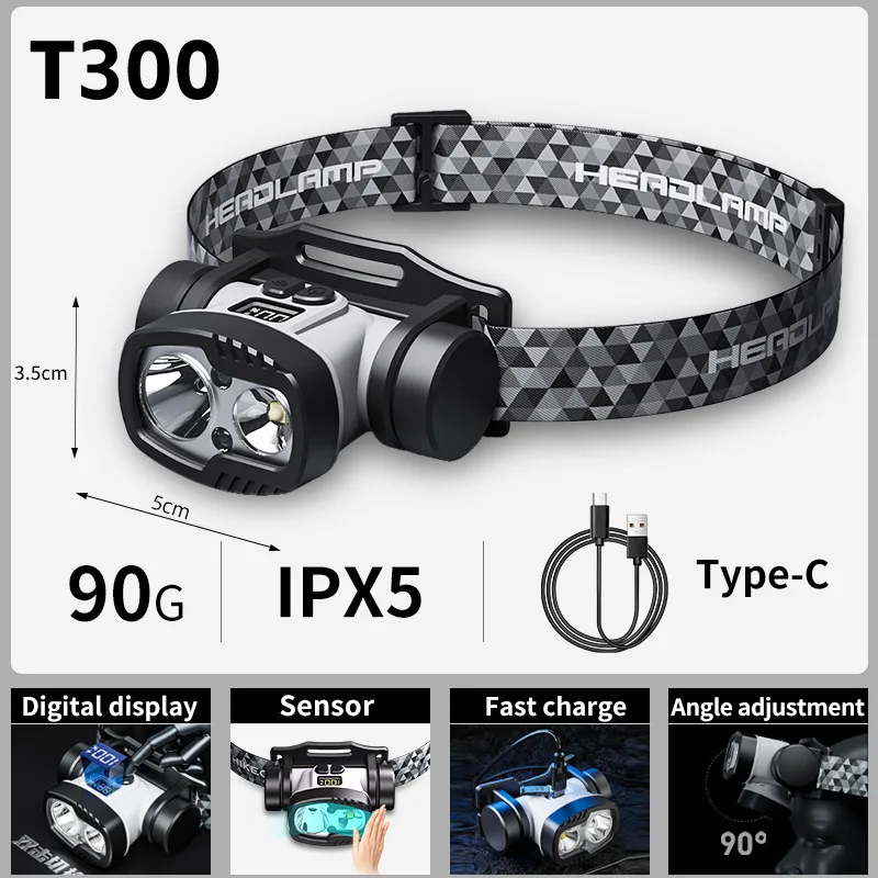 Rechargeable LED Headlamp ABS High Lumen Sensor Headlight Multi-function Camping Essentials Waterproof for Hiking Cycling