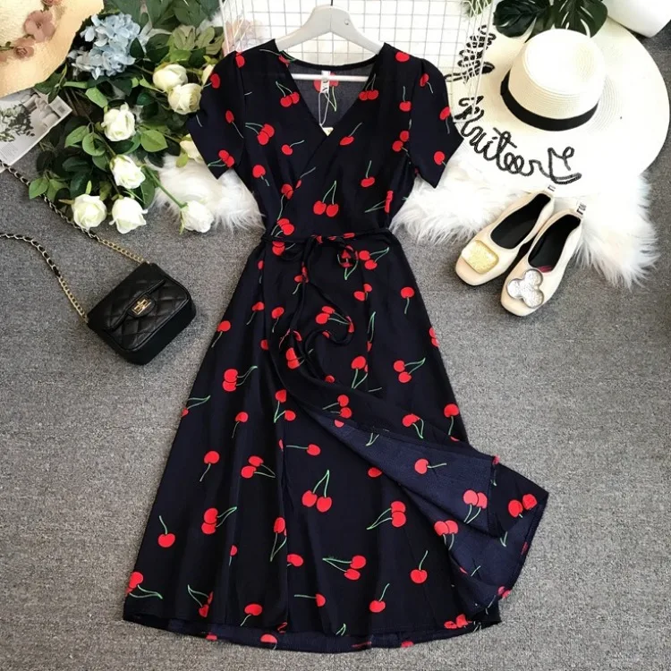 2021 Summer Elegant V-neck Cherry Print Women Dress Short sleeve Slim Bohemia Chiffon Dresses A-Line Ladies Wrap Dress Vestidos
