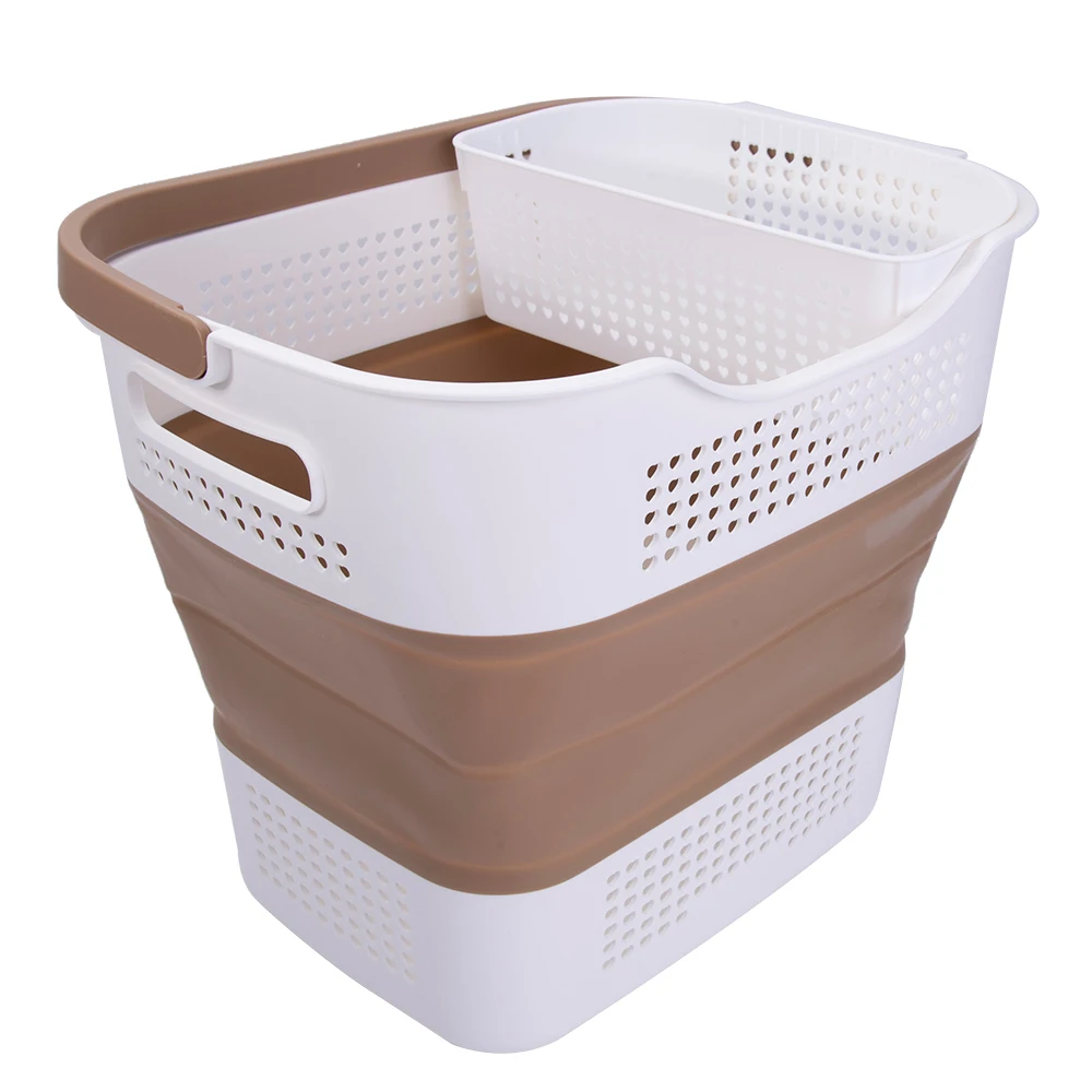 Foldable Laundry Basket with Handles Plastic Laundry Hamper with Small Storage Basket Brown