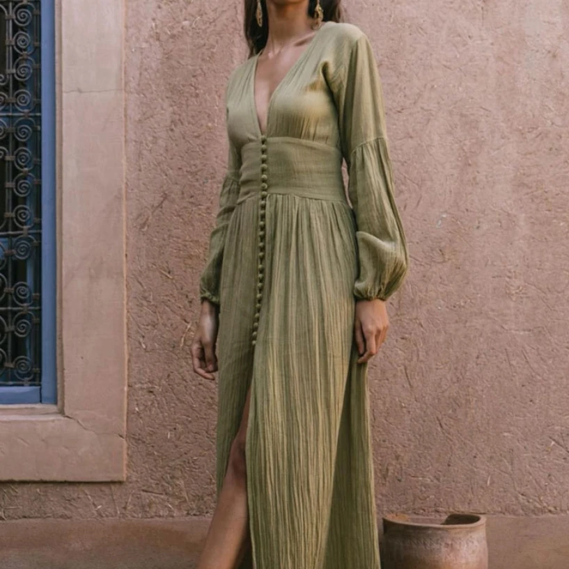 Летнее элегантное женское платье макси для женщин Винтажный стиль с разрезом длинным рукавом свободный приталенный цифровой принт дышащий однотонный узор