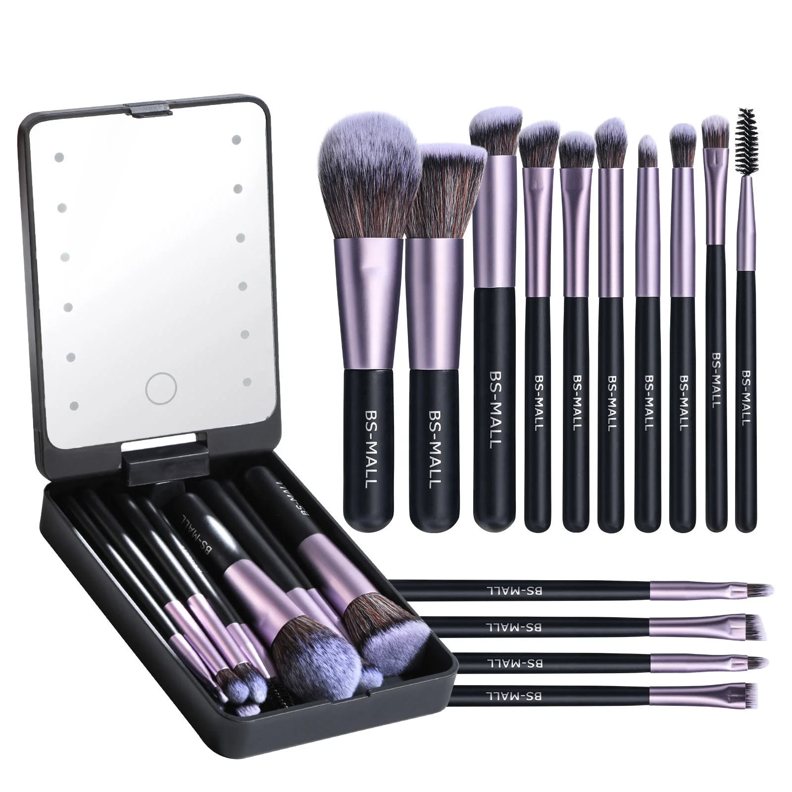 2024 BS-MALL Travel Makeup Brushes Tools Set Private Label Synthetic 14PCS LED Mirror Case Makeup Brush Set
