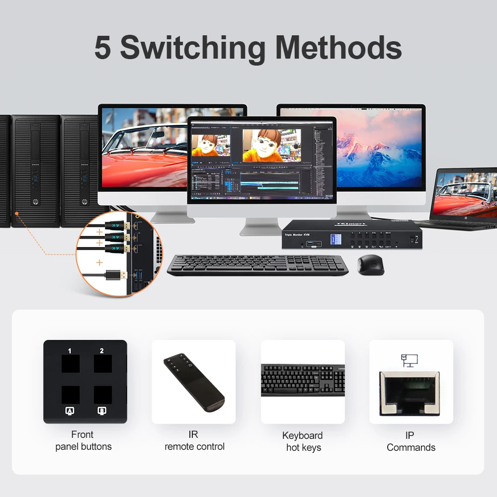 TESmart new 4 in 3 out triple-monitor kvm console switcher mixer video support 3 screen extended display hdmi kvm switch