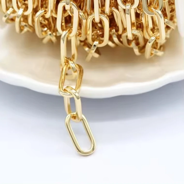 Factory Wholesale 14K Gold Plated Fashion Paper Clip Chain Square Open Chain Diy Jewelry Making Thick Chain Roll