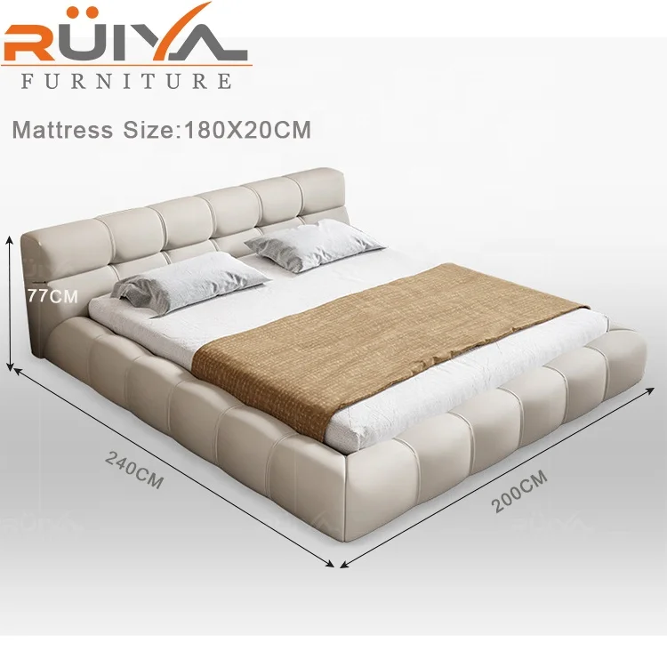 Modern Luxury Upholstered puff design white leather bed set low white leather bed headboard