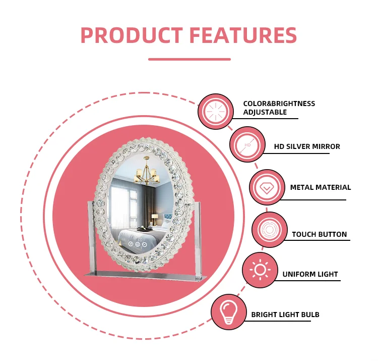 New Technology LED Vanity Mirror Glass Crystal Mirror Oval Cosmetics Hollywood Crystal Mirror