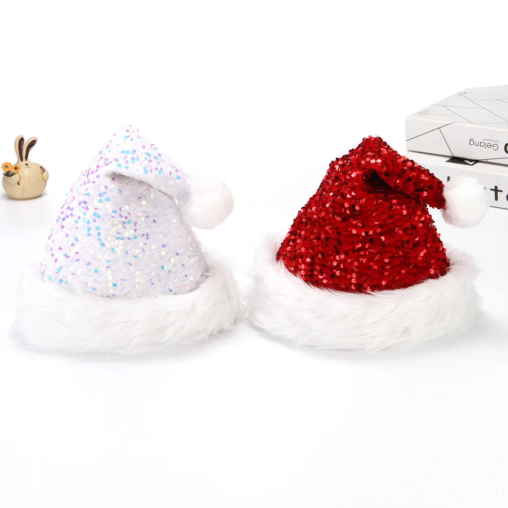 2024 New Sequins Santa Hat Xmas Holiday Hat with White Plush Trim Christmas Hat for New Year Festive Holiday Fancy Dress Party